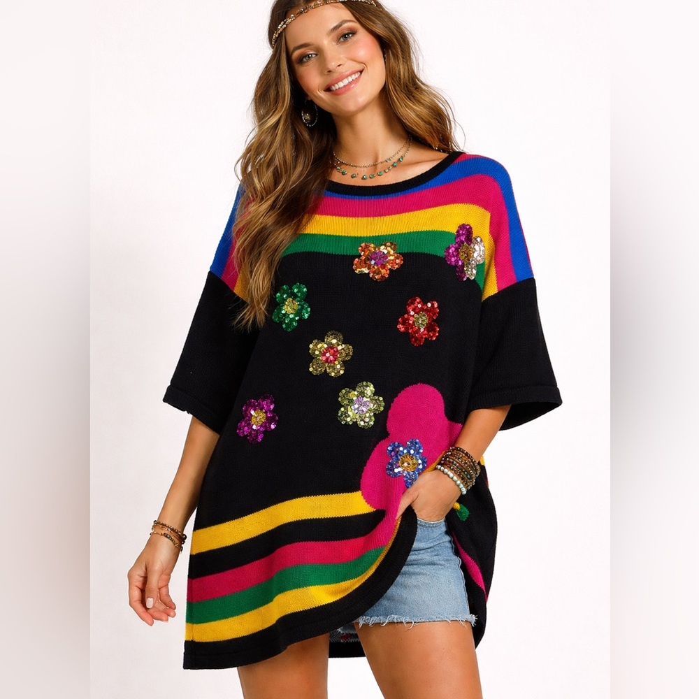Vintage Eminent Drop Shoulder Floral Sequin Knit‎ Sweater Dress Tunic Multi L